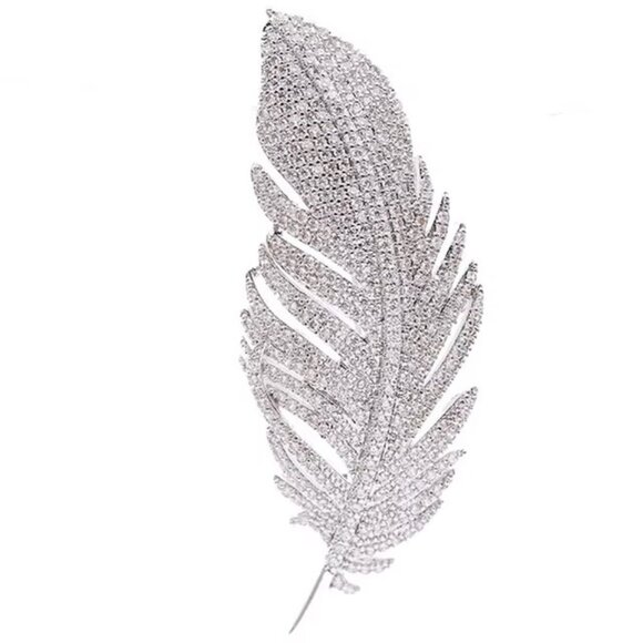 Elegant Silver Full of Rhinestone Feather Brooch